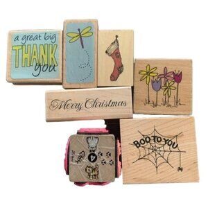 Rubber Stamp Lot Flowers Spider Web Holiday Wood Block Stamps Mixed Craft Art Fu